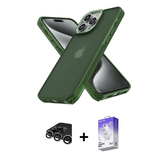 MARSİLYAN™- iPhone 15 Pro Kılıf Atlas Form - Siyah Bilvis 5in1 3D Magic Cam Ekran Koruyucu + Raze Metal Kamera Lens - GS