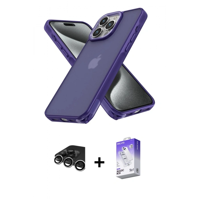 MARSİLYAN™- iPhone 15 Pro Kılıf Atlas Form - Siyah Bilvis 5in1 3D Magic Cam Ekran Koruyucu + Raze Metal Kamera Lens - GS
