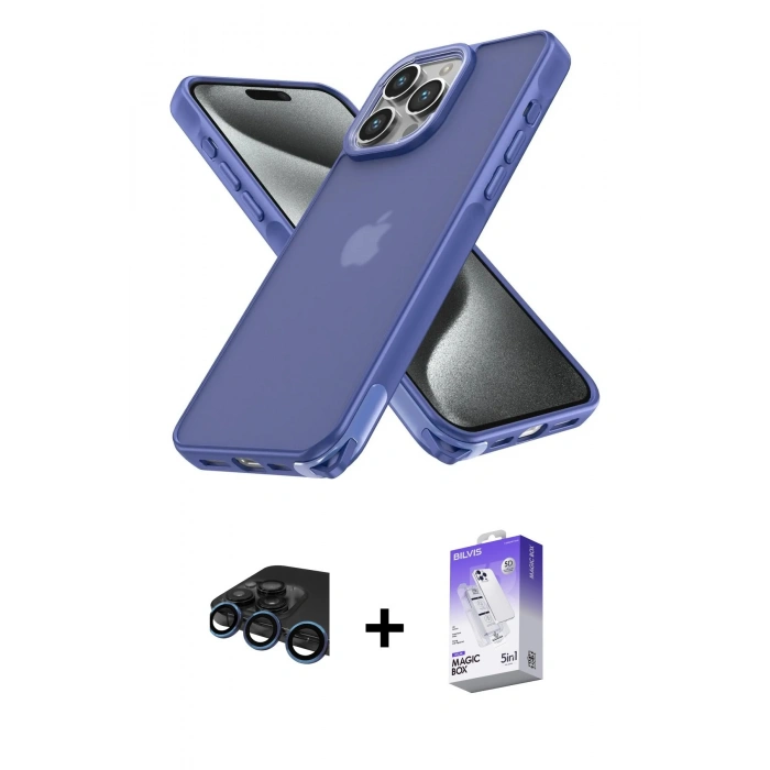 MARSİLYAN™- iPhone 15 Pro Kılıf Atlas Form - Siyah Bilvis 5in1 3D Magic Cam Ekran Koruyucu + Lacivert Raze Metal Kamera Lens