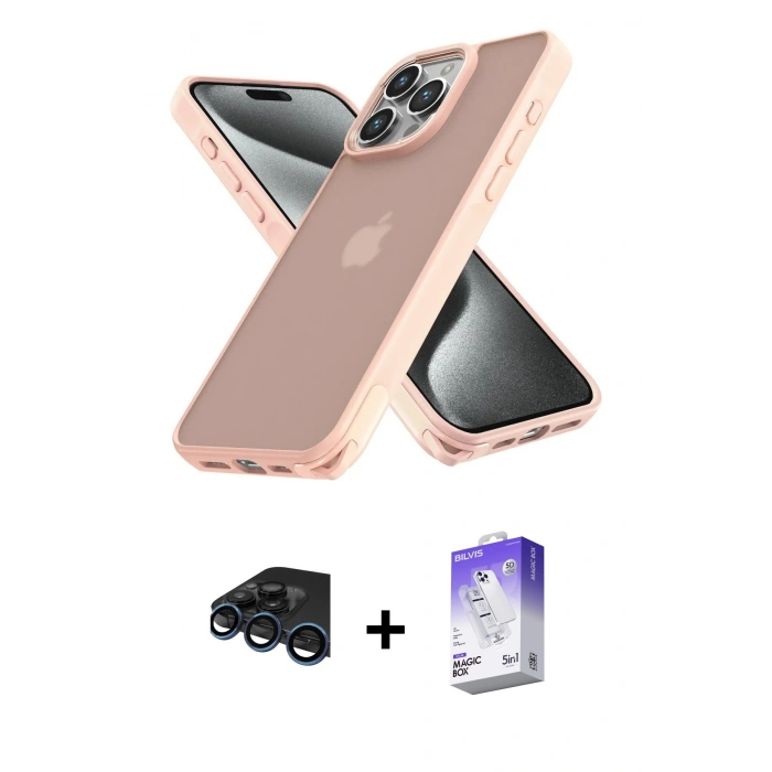 MARSİLYAN™- iPhone 15 Pro Kılıf Atlas Form - Siyah Bilvis 5in1 3D Magic Cam Ekran Koruyucu + Lacivert Raze Metal Kamera Lens