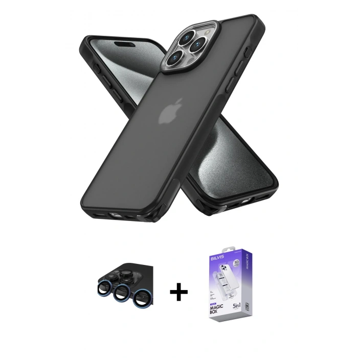 MARSİLYAN™- iPhone 15 Pro Kılıf Atlas Form - Siyah Bilvis 5in1 3D Magic Cam Ekran Koruyucu + Lacivert Raze Metal Kamera Lens