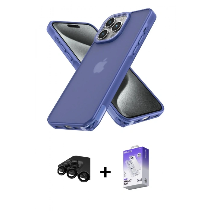 MARSİLYAN™- iPhone 15 Pro Kılıf Atlas Form - Siyah Bilvis 5in1 3D Magic Cam Ekran Koruyucu + Raze Metal Kamera Lens - SH