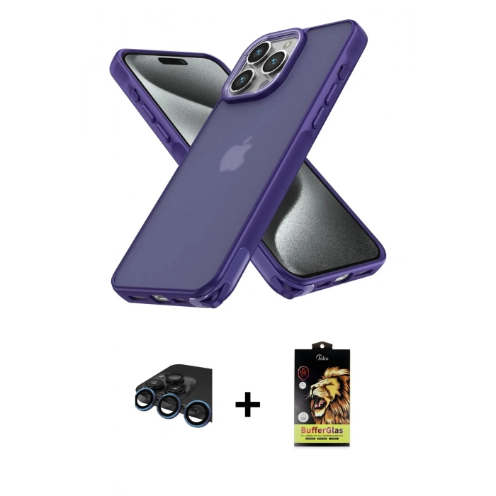 MARSİLYAN™- iPhone 15 Pro Kılıf Atlas Form - Siyah Buffer Cam Ekran Koruyucu + Raze Metal Kamera Lens - LT