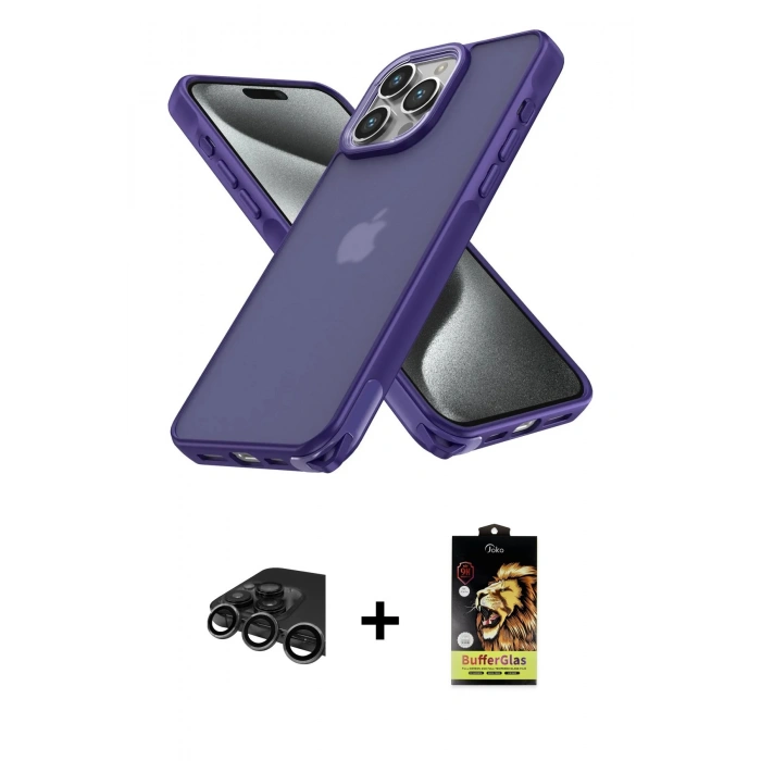 MARSİLYAN™- iPhone 15 Pro Kılıf Atlas Form - Siyah Buffer Cam Ekran Koruyucu + Raze Metal Kamera Lens - TMGI