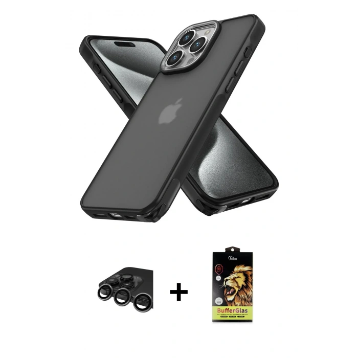 MARSİLYAN™- iPhone 15 Pro Kılıf Atlas Form - Siyah Buffer Cam Ekran Koruyucu + Raze Metal Kamera Lens - TMGI