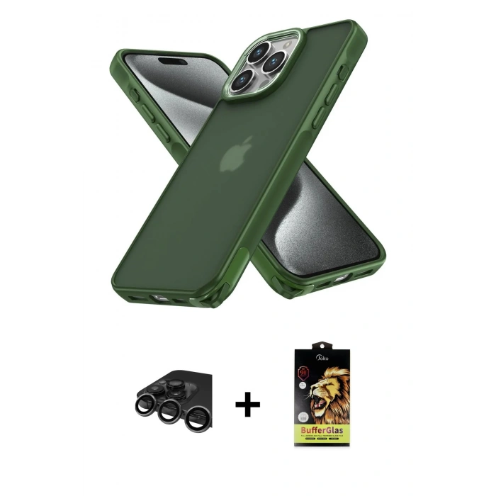 MARSİLYAN™- iPhone 15 Pro Kılıf Atlas Form - Siyah Buffer Cam Ekran Koruyucu + Raze Metal Kamera Lens - TMGI