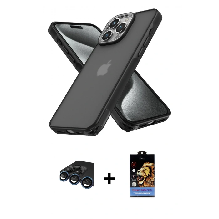 MARSİLYAN™- iPhone 15 Pro Kılıf Atlas Form - Siyah Buffer Hayalet Cam Ekran Koruyucu + Raze Metal Kamera Lens - LT