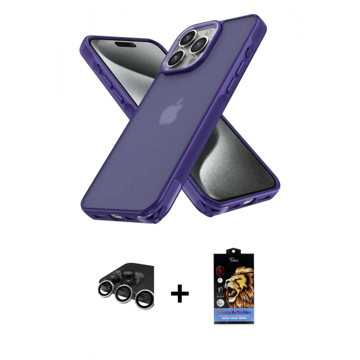 MARSİLYAN™- iPhone 15 Pro Kılıf Atlas Form - Siyah Buffer Hayalet Cam Ekran Koruyucu + Raze Metal Kamera Lens - GS