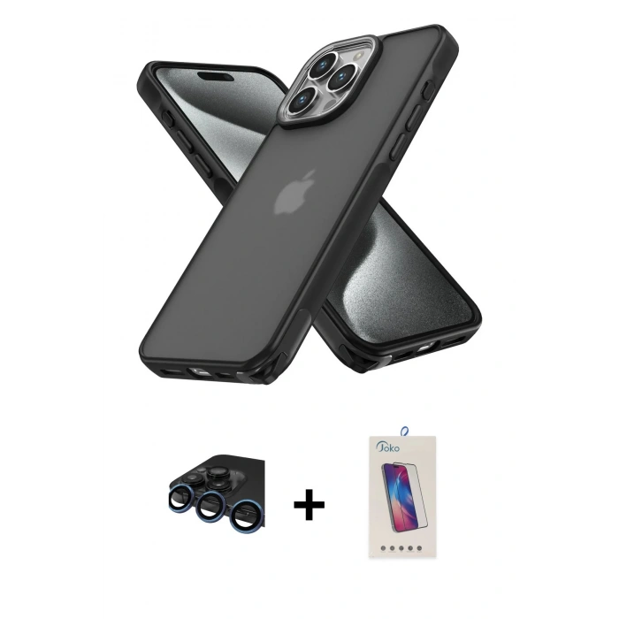 MARSİLYAN™- iPhone 15 Pro Kılıf Atlas Form - Siyah Joko 5D Cam + Raze Metal Kamera Lens - LT