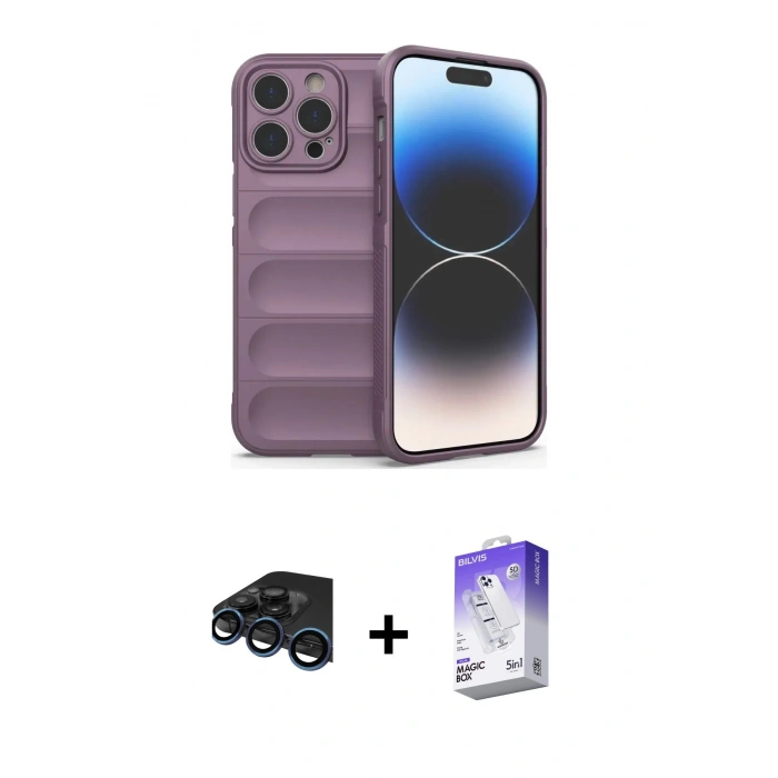 MARSİLYAN™- iPhone 15 Pro Kılıf Atlas Koleksiyonu - Siyah Bilvis 5in1 3D Magic Cam Ekran Koruyucu + Raze Metal Kamera Lens - LT