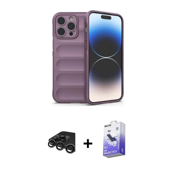 MARSİLYAN™- iPhone 15 Pro Kılıf Atlas Koleksiyonu - Siyah Bilvis 5in1 5D Magic Hayalet Cam Ekran Koruyucu + Raze Metal Kamera Lens - TMGI