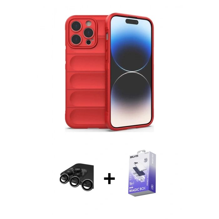 MARSİLYAN™- iPhone 15 Pro Kılıf Atlas Koleksiyonu - Siyah Bilvis 5in1 5D Magic Hayalet Cam Ekran Koruyucu + Raze Metal Kamera Lens - TMGI