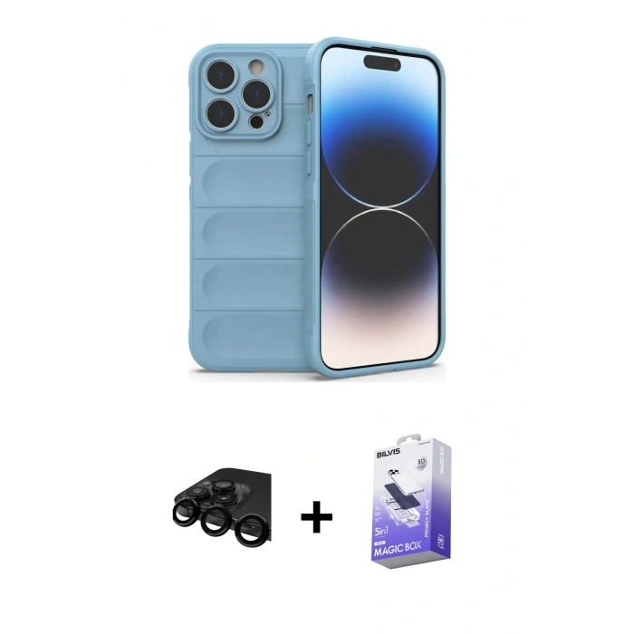 MARSİLYAN™- iPhone 15 Pro Kılıf Atlas Koleksiyonu - Siyah Bilvis 5in1 5D Magic Hayalet Cam Ekran Koruyucu + Raze Metal Kamera Lens - SH