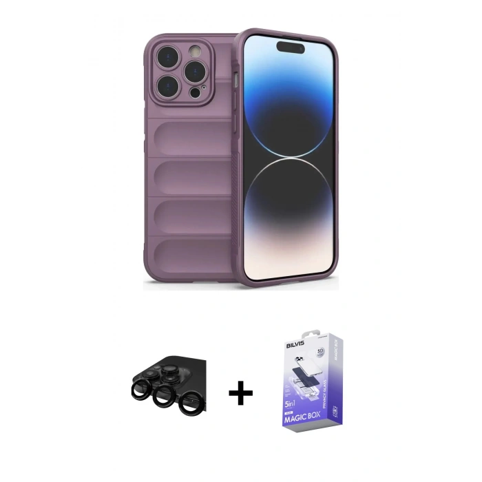 MARSİLYAN™- iPhone 15 Pro Kılıf Atlas Koleksiyonu - Siyah Bilvis 5in1 5D Magic Hayalet Cam Ekran Koruyucu + Raze Metal Kamera Lens - SH