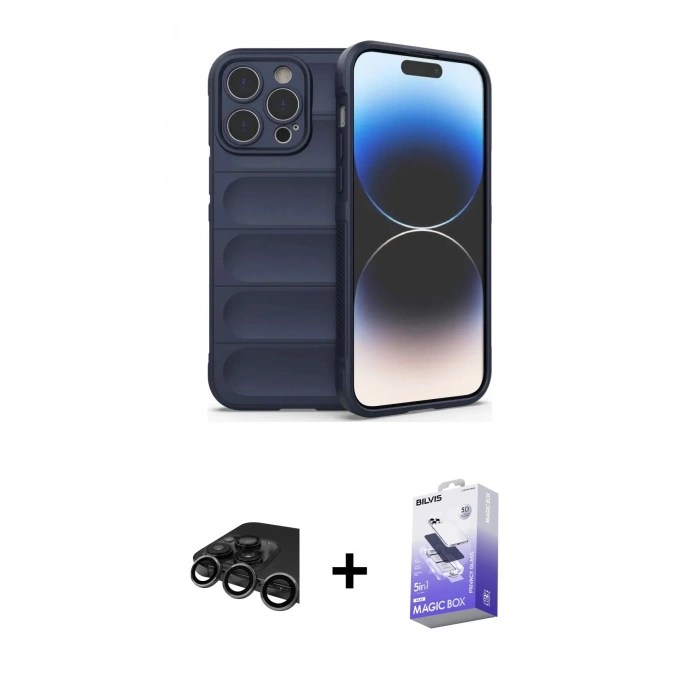 MARSİLYAN™- iPhone 15 Pro Kılıf Atlas Koleksiyonu - Siyah Bilvis 5in1 5D Magic Hayalet Cam Ekran Koruyucu + Raze Metal Kamera Lens - TMGI