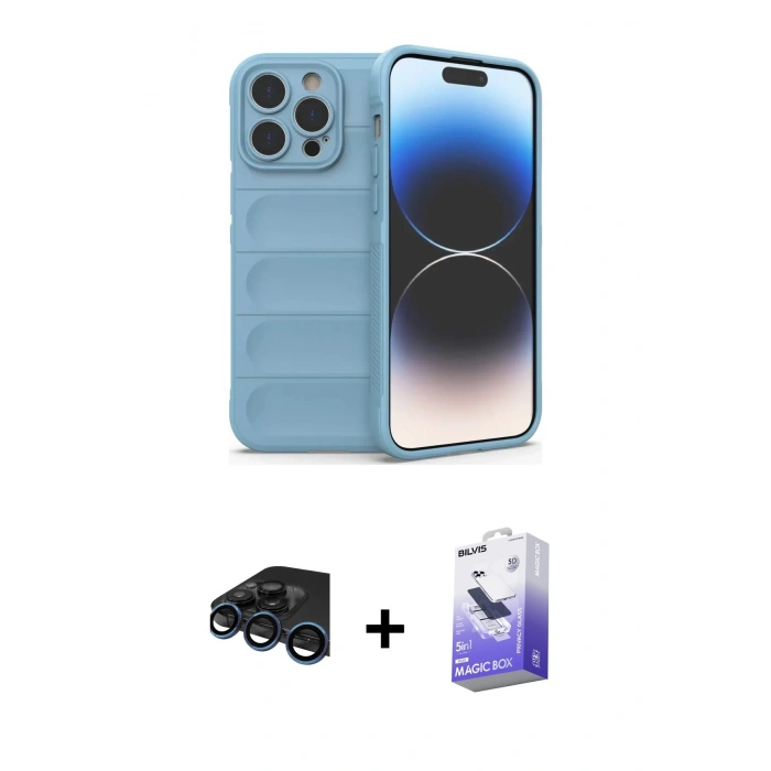 MARSİLYAN™- iPhone 15 Pro Kılıf Atlas Koleksiyonu - Siyah Bilvis 5in1 5D Magic Hayalet Cam Ekran Koruyucu + Raze Metal Kamera Lens - LT