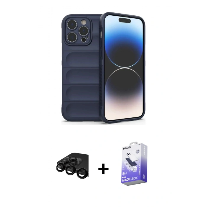 MARSİLYAN™- iPhone 15 Pro Kılıf Atlas Koleksiyonu - Siyah Bilvis 5in1 5D Magic Hayalet Cam Ekran Koruyucu + Raze Metal Kamera Lens - SH