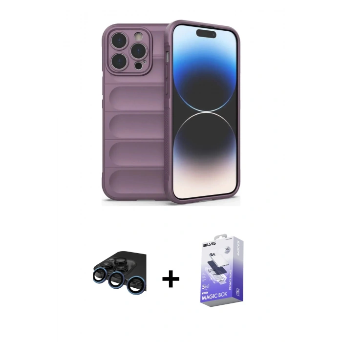 MARSİLYAN™- iPhone 15 Pro Kılıf Atlas Koleksiyonu - Siyah Bilvis 5in1 5D Magic Hayalet Cam Ekran Koruyucu + Raze Metal Kamera Lens - LT