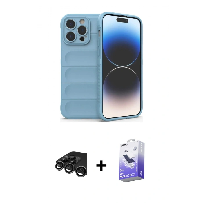 MARSİLYAN™- iPhone 15 Pro Kılıf Atlas Koleksiyonu - Siyah Bilvis 5in1 5D Magic Hayalet Cam Ekran Koruyucu + Raze Metal Kamera Lens - TMGI