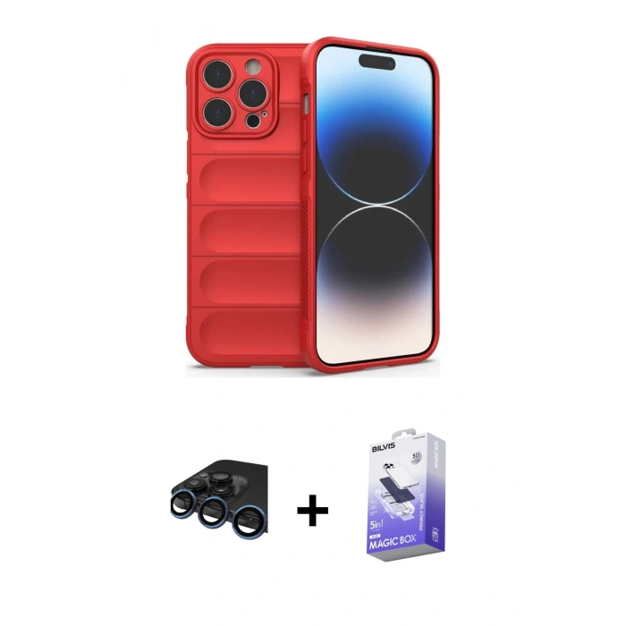 MARSİLYAN™- iPhone 15 Pro Kılıf Atlas Koleksiyonu - Siyah Bilvis 5in1 5D Magic Hayalet Cam Ekran Koruyucu + Raze Metal Kamera Lens - LT