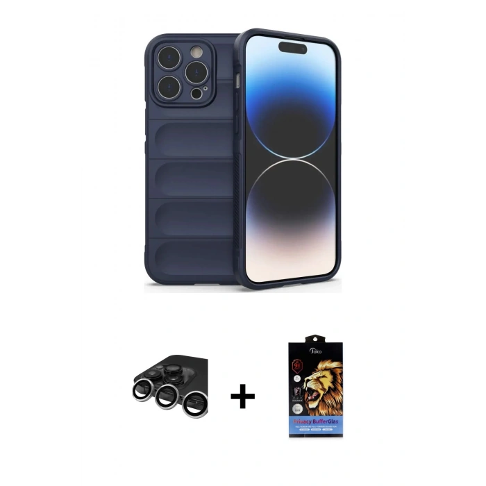 MARSİLYAN™- iPhone 15 Pro Kılıf Atlas Koleksiyonu - Siyah Buffer Hayalet Cam Ekran Koruyucu + Raze Metal Kamera Lens - GS
