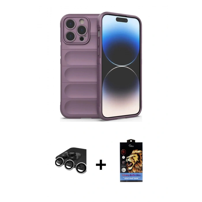MARSİLYAN™- iPhone 15 Pro Kılıf Atlas Koleksiyonu - Siyah Buffer Hayalet Cam Ekran Koruyucu + Raze Metal Kamera Lens - GS
