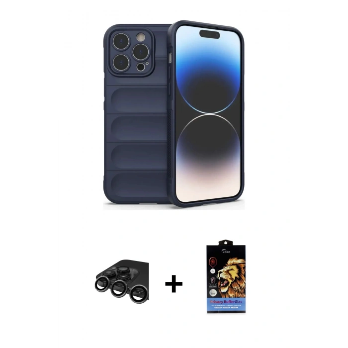 MARSİLYAN™- iPhone 15 Pro Kılıf Atlas Koleksiyonu - Siyah Buffer Hayalet Cam Ekran Koruyucu + Raze Metal Kamera Lens - TMGI