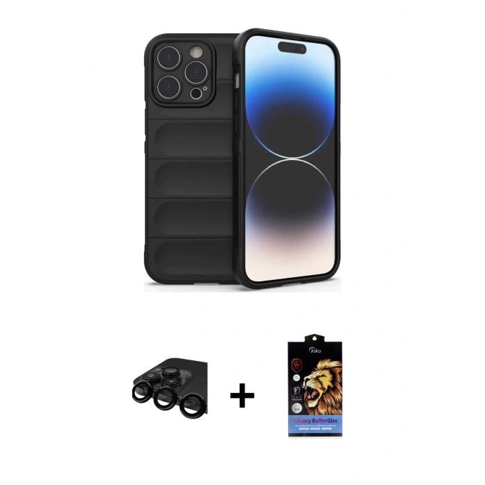 MARSİLYAN™- iPhone 15 Pro Kılıf Atlas Koleksiyonu - Siyah Buffer Hayalet Cam Ekran Koruyucu + Raze Metal Kamera Lens - SH