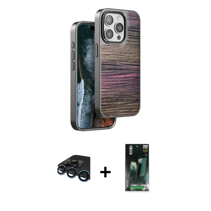 MARSİLYAN™- iPhone 15 Pro Kılıf Atlas Minimal Özel Seri - Şeffaf 360 Full Body Arka Koruyucu + Raze Metal Kamera Lens - LT