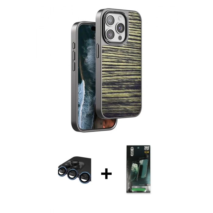 MARSİLYAN™- iPhone 15 Pro Kılıf Atlas Minimal Özel Seri - Şeffaf 360 Full Body Arka Koruyucu + Raze Metal Kamera Lens - LT