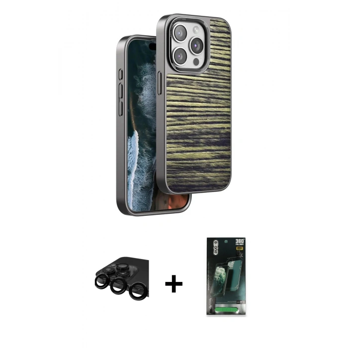 MARSİLYAN™- iPhone 15 Pro Kılıf Atlas Minimal Özel Seri - Şeffaf 360 Full Body Arka Koruyucu + Raze Metal Kamera Lens - SH