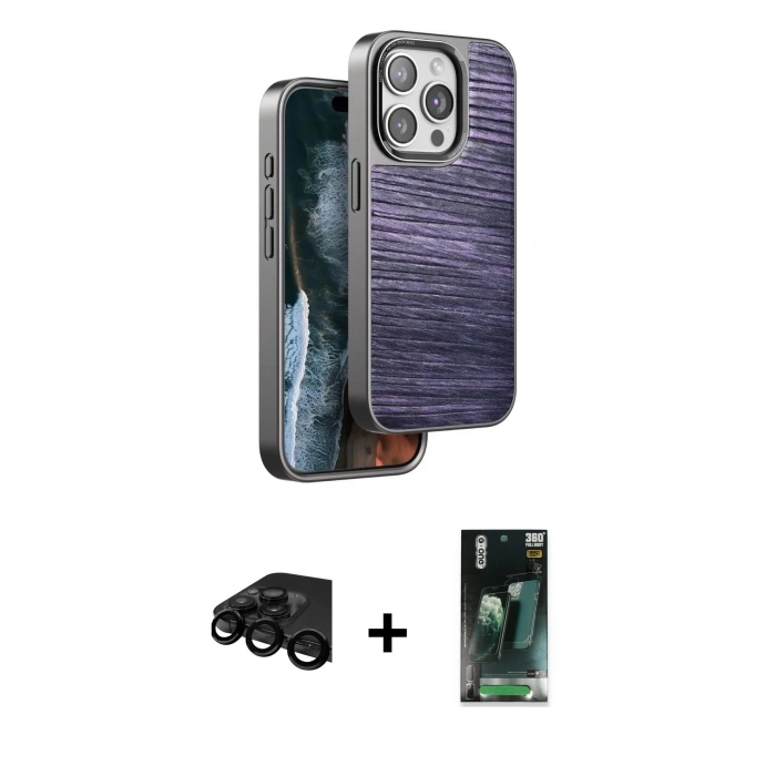 MARSİLYAN™- iPhone 15 Pro Kılıf Atlas Minimal Özel Seri - Şeffaf 360 Full Body Arka Koruyucu + Raze Metal Kamera Lens - SH