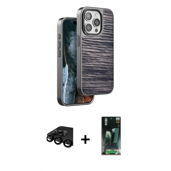 MARSİLYAN™- iPhone 15 Pro Kılıf Atlas Minimal Özel Seri - Şeffaf 360 Full Body Arka Koruyucu + Raze Metal Kamera Lens - SH
