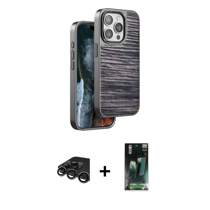 MARSİLYAN™- iPhone 15 Pro Kılıf Atlas Minimal Özel Seri - Şeffaf 360 Full Body Arka Koruyucu + Raze Metal Kamera Lens - TMGI