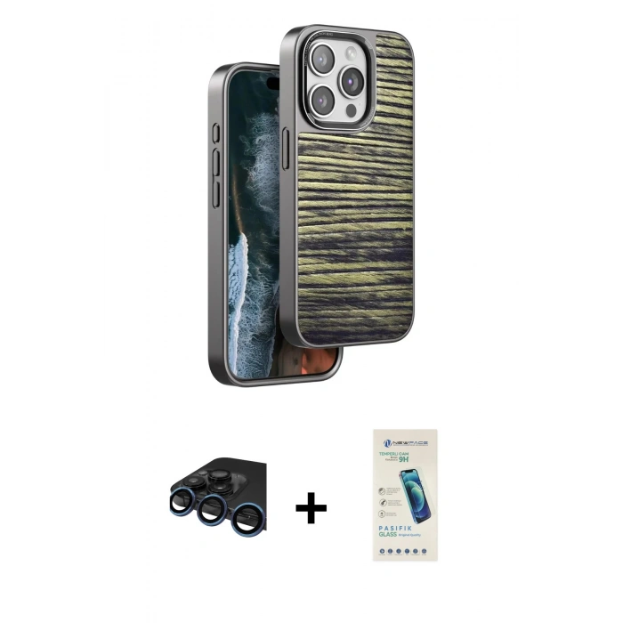 MARSİLYAN™- iPhone 15 Pro Kılıf Atlas Minimal Özel Seri - Şeffaf Pasifik Cam Ekran Koruyucu + Raze Metal Kamera Lens - LT