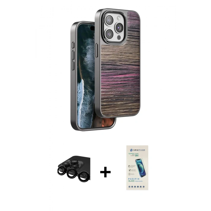 MARSİLYAN™- iPhone 15 Pro Kılıf Atlas Minimal Özel Seri - Şeffaf Pasifik Cam Ekran Koruyucu + Raze Metal Kamera Lens - SH