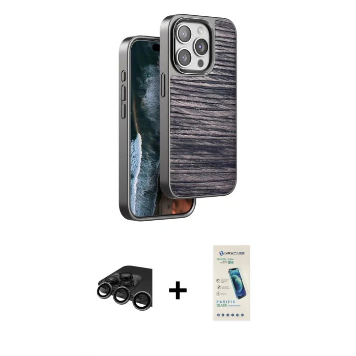 MARSİLYAN™- iPhone 15 Pro Kılıf Atlas Minimal Özel Seri - Şeffaf Pasifik Cam Ekran Koruyucu + Raze Metal Kamera Lens - TMGI