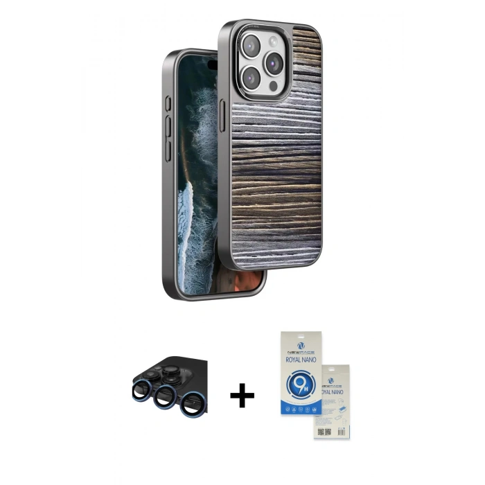 MARSİLYAN™- iPhone 15 Pro Kılıf Atlas Minimal Özel Seri - Şeffaf Royal Nano Ekran Koruyucu + Raze Metal Kamera Lens - LT