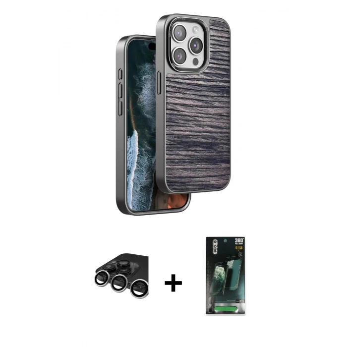 MARSİLYAN™- iPhone 15 Pro Kılıf Atlas Minimal Özel Seri - Siyah 360 Mat Full Body Arka Koruyucu + Raze Metal Kamera Lens - GS