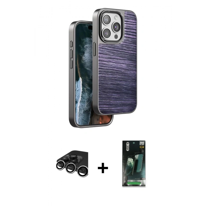MARSİLYAN™- iPhone 15 Pro Kılıf Atlas Minimal Özel Seri - Siyah 360 Mat Full Body Arka Koruyucu + Raze Metal Kamera Lens - GS