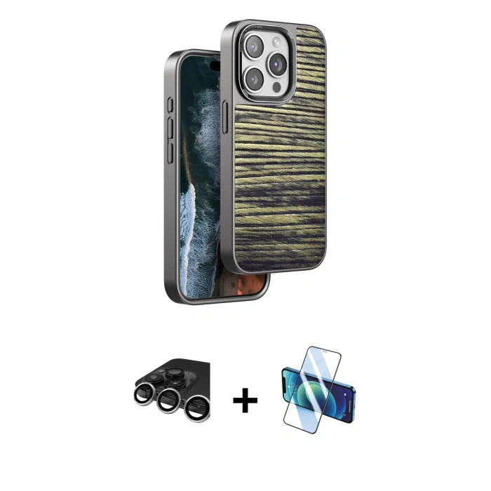 MARSİLYAN™- iPhone 15 Pro Kılıf Atlas Minimal Özel Seri - Siyah 3D Antistatik Cam Ekran Koruyucu + Raze Metal Kamera Lens - GS