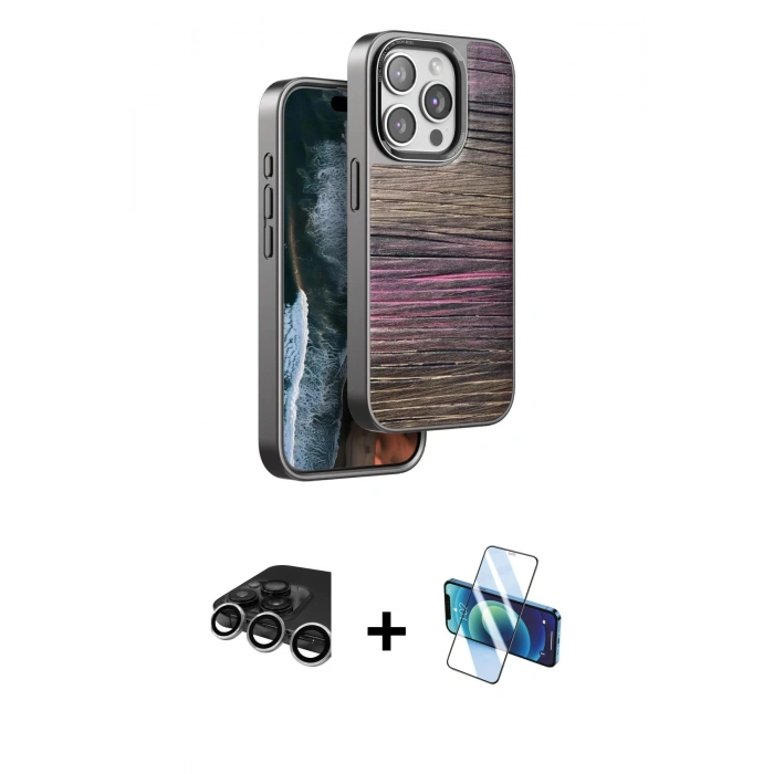 MARSİLYAN™- iPhone 15 Pro Kılıf Atlas Minimal Özel Seri - Siyah 3D Antistatik Cam Ekran Koruyucu + Raze Metal Kamera Lens - GS