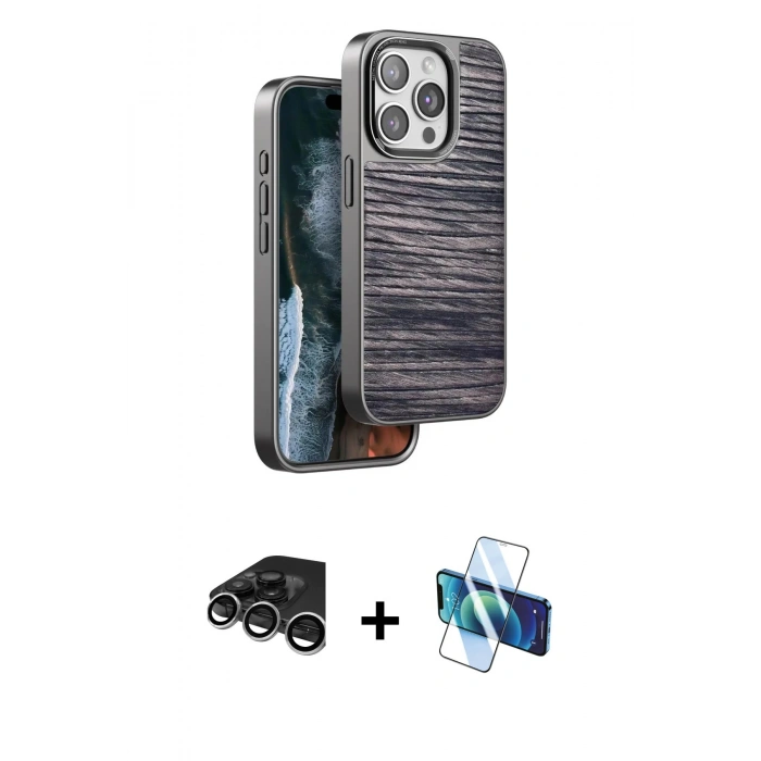 MARSİLYAN™- iPhone 15 Pro Kılıf Atlas Minimal Özel Seri - Siyah 3D Antistatik Cam Ekran Koruyucu + Raze Metal Kamera Lens - GS