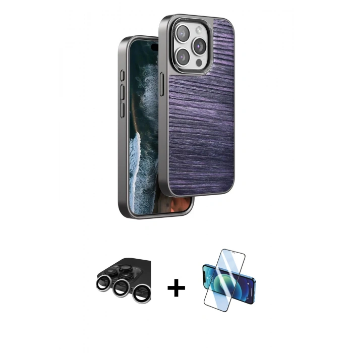 MARSİLYAN™- iPhone 15 Pro Kılıf Atlas Minimal Özel Seri - Siyah 3D Antistatik Cam Ekran Koruyucu + Raze Metal Kamera Lens - GS