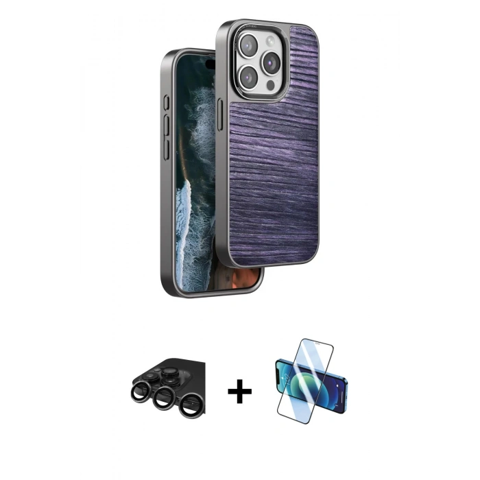 MARSİLYAN™- iPhone 15 Pro Kılıf Atlas Minimal Özel Seri - Siyah 3D Antistatik Cam Ekran Koruyucu + Raze Metal Kamera Lens - TMGI