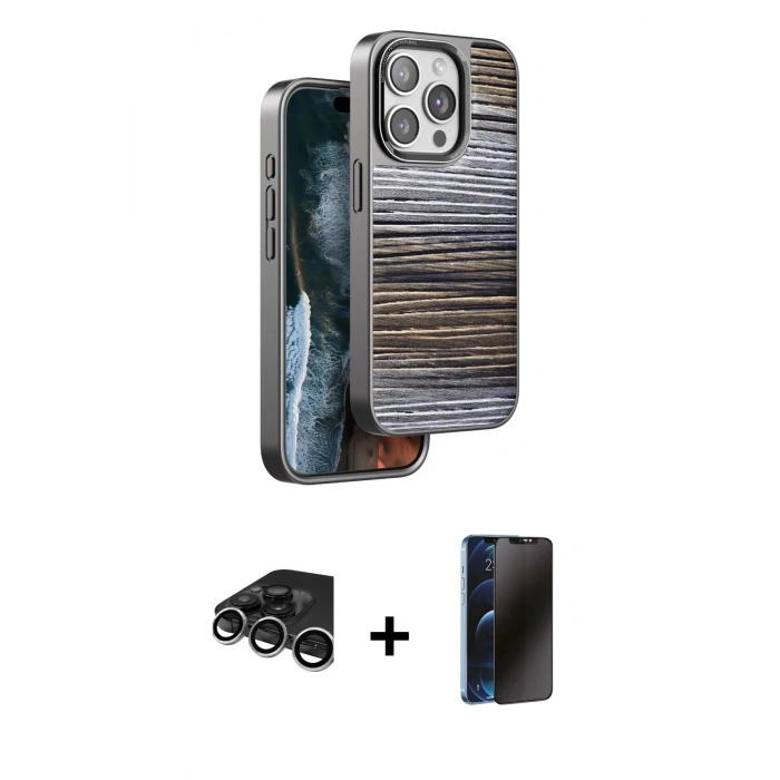 MARSİLYAN™- iPhone 15 Pro Kılıf Atlas Minimal Özel Seri - Siyah 3D Antistatik Hayalet Cam Ekran Koruyucu + Raze Metal Kamera Lens - GS
