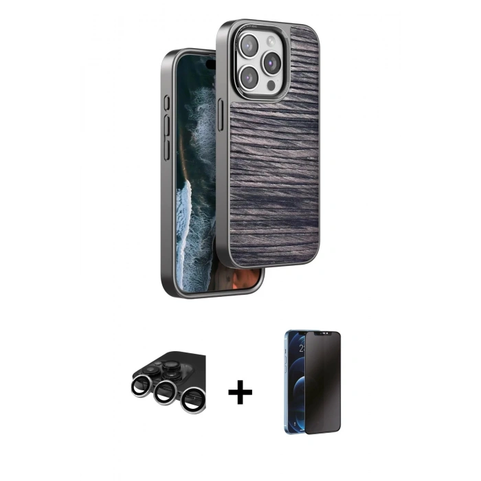 MARSİLYAN™- iPhone 15 Pro Kılıf Atlas Minimal Özel Seri - Siyah 3D Antistatik Hayalet Cam Ekran Koruyucu + Raze Metal Kamera Lens - GS