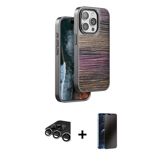 MARSİLYAN™- iPhone 15 Pro Kılıf Atlas Minimal Özel Seri - Siyah 3D Antistatik Hayalet Cam Ekran Koruyucu + Raze Metal Kamera Lens - GS