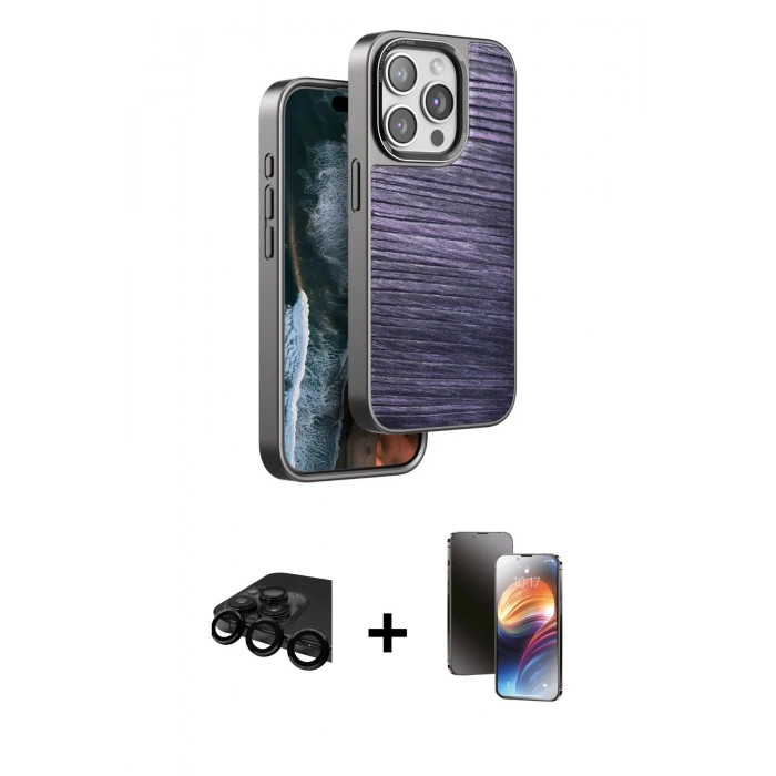 MARSİLYAN™- iPhone 15 Pro Kılıf Atlas Minimal Özel Seri - Siyah 3D Antistatik Mat Seramik Nano Ekran Koruyucu + Raze Metal Kamera Lens - SH