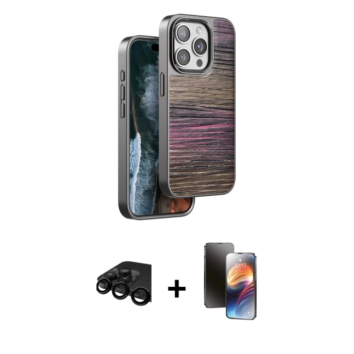 MARSİLYAN™- iPhone 15 Pro Kılıf Atlas Minimal Özel Seri - Siyah 3D Antistatik Mat Seramik Nano Ekran Koruyucu + Raze Metal Kamera Lens - SH